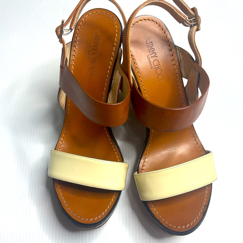 Jimmy Choo Brown and Cream Wedge Sandals - Picture 8 of 11